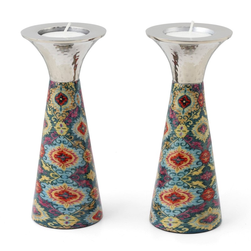 Yair Emanuel Painted Metal Shabbat Candlesticks with Hammered Top - De
