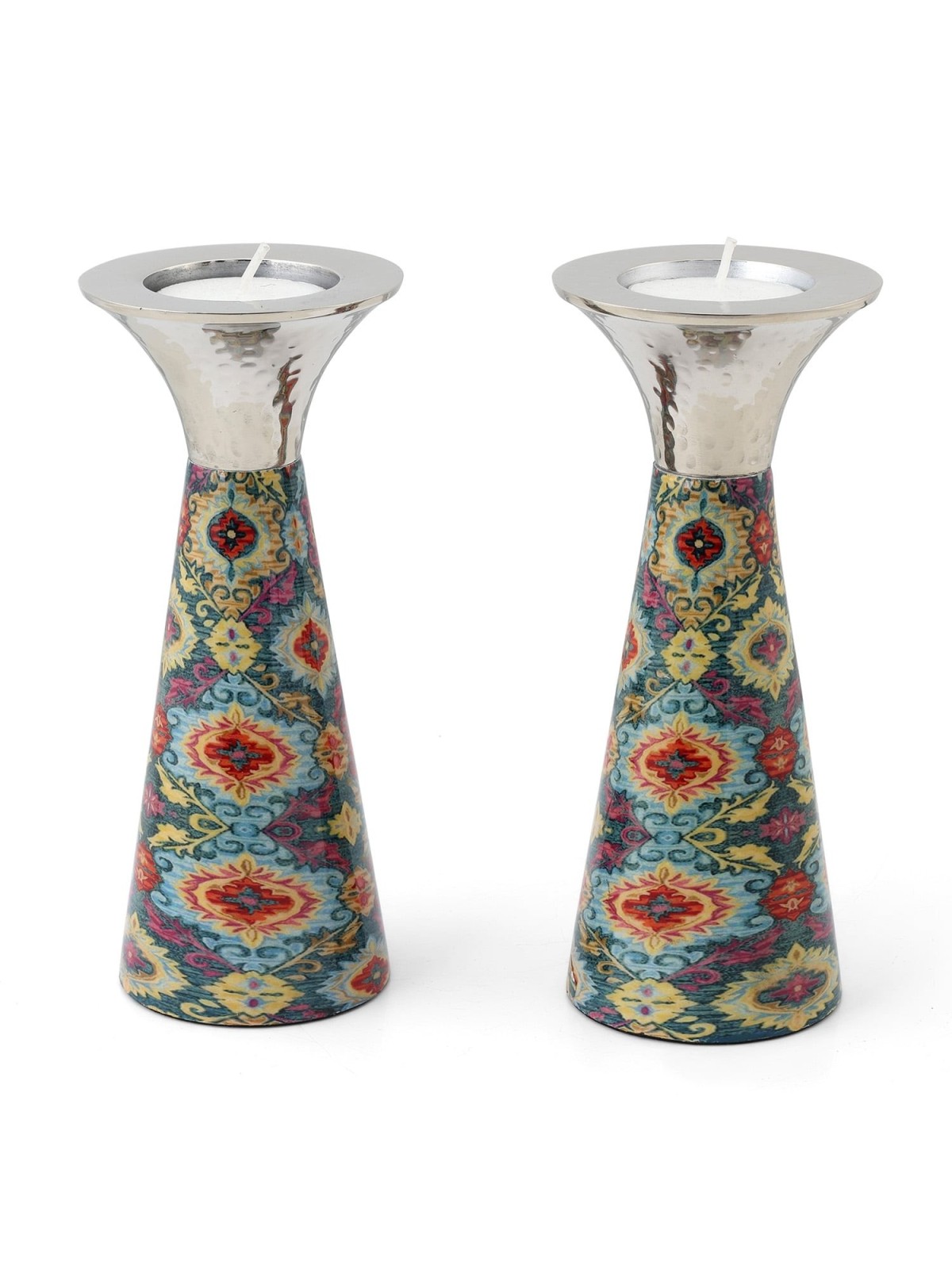 Yair Emanuel Painted Metal Shabbat Candlesticks with Hammered Top - De