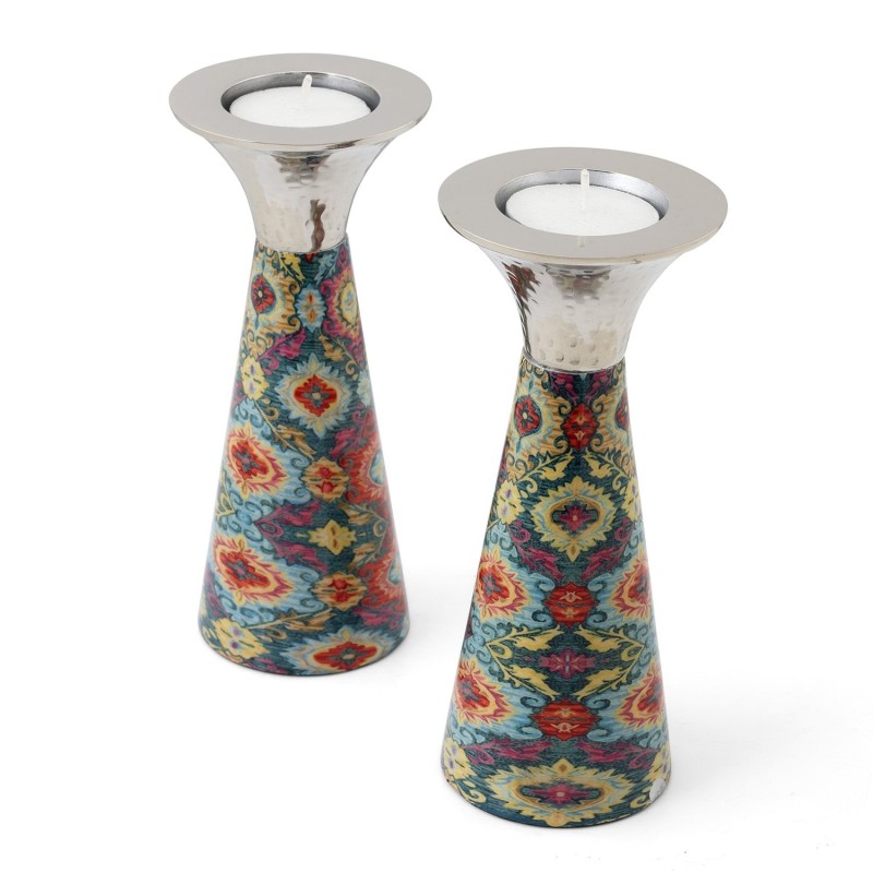 Yair Emanuel Painted Metal Shabbat Candlesticks with Hammered Top - De