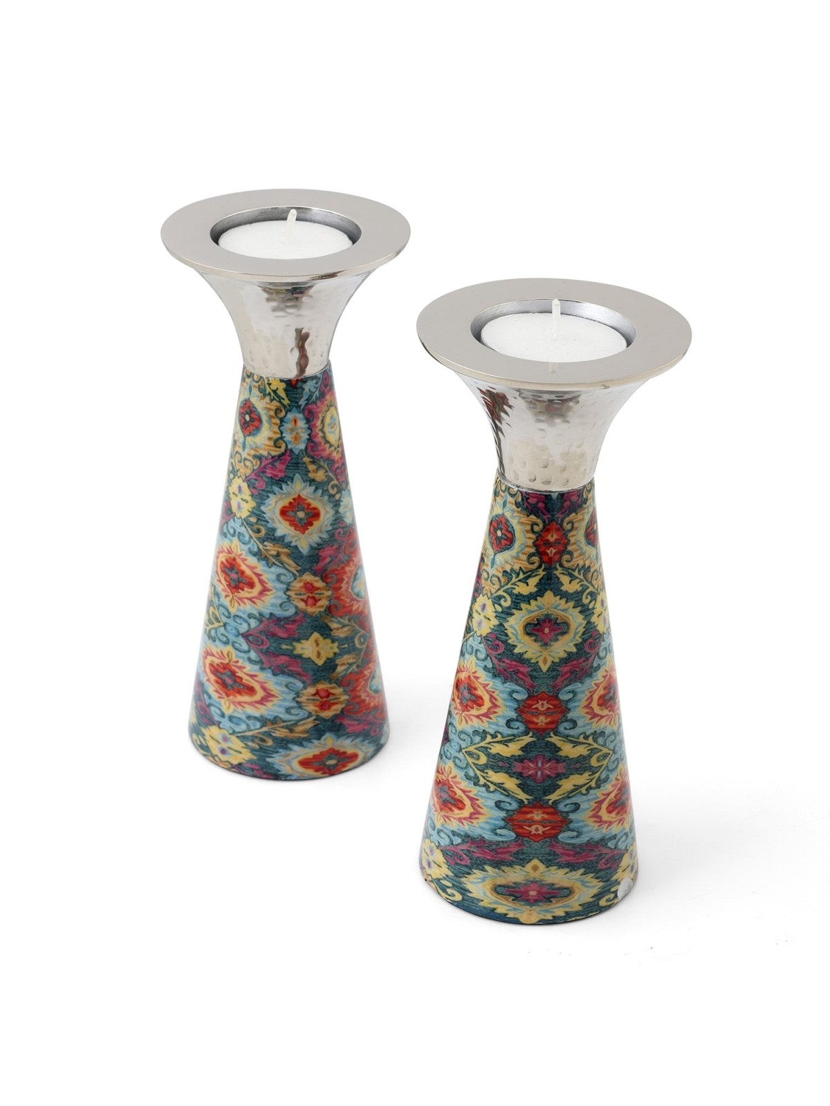 Yair Emanuel Painted Metal Shabbat Candlesticks with Hammered Top - De