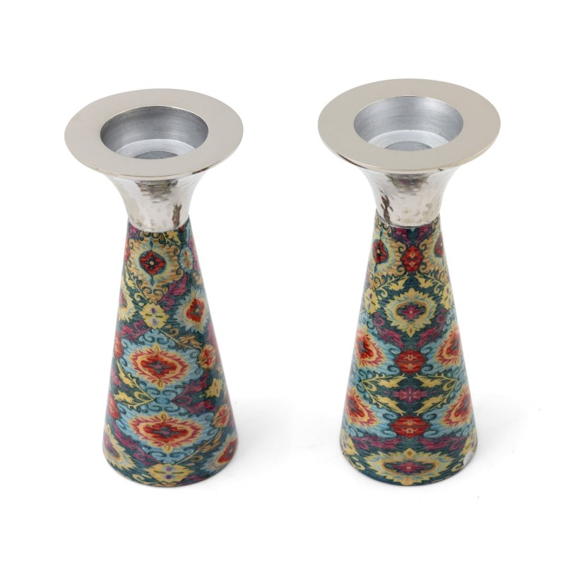 Yair Emanuel Painted Metal Shabbat Candlesticks with Hammered Top - De