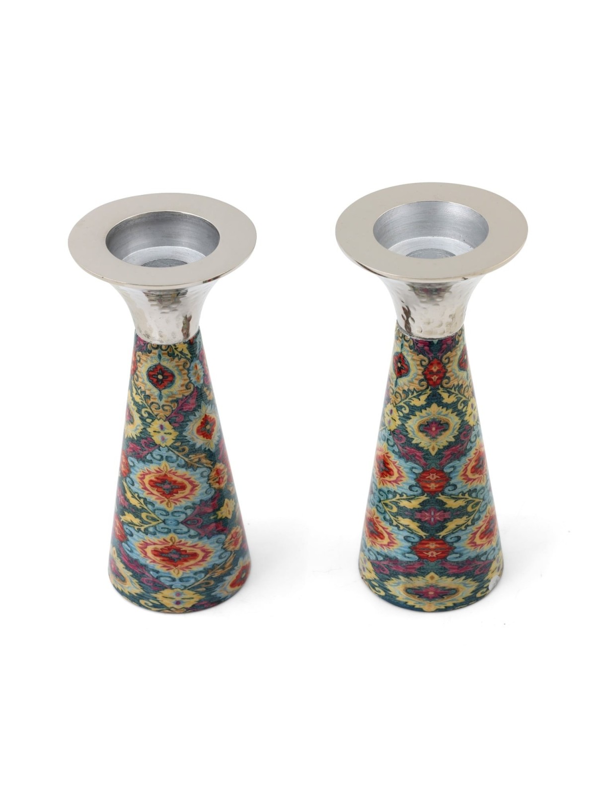Yair Emanuel Painted Metal Shabbat Candlesticks with Hammered Top - De