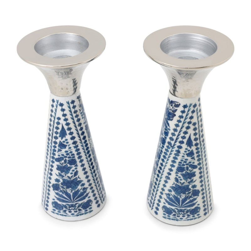 Yair Emanuel Painted Metal Shabbat Candlesticks with Hammered Top - De