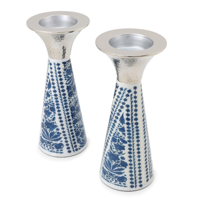 Yair Emanuel Painted Metal Shabbat Candlesticks with Hammered Top - De