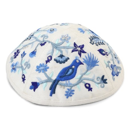 Yair Emanuel Embroidered Silk Kippah - Birds & Flowers
