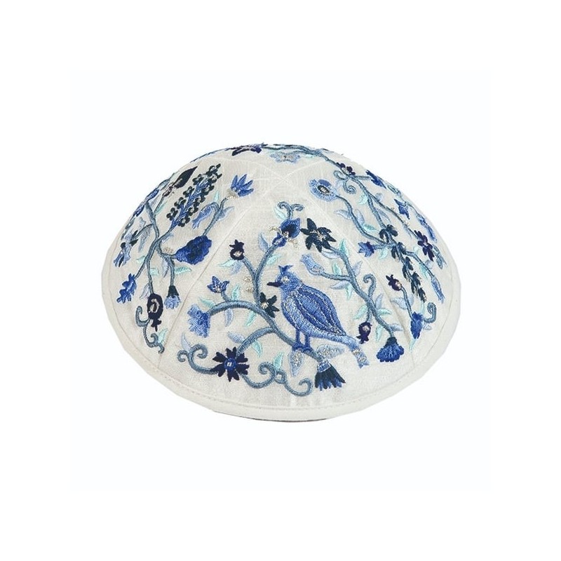 Yair Emanuel Embroidered Silk Kippah - Birds & Flowers