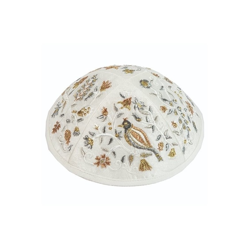 Yair Emanuel Embroidered Silk Kippah - Birds & Flowers