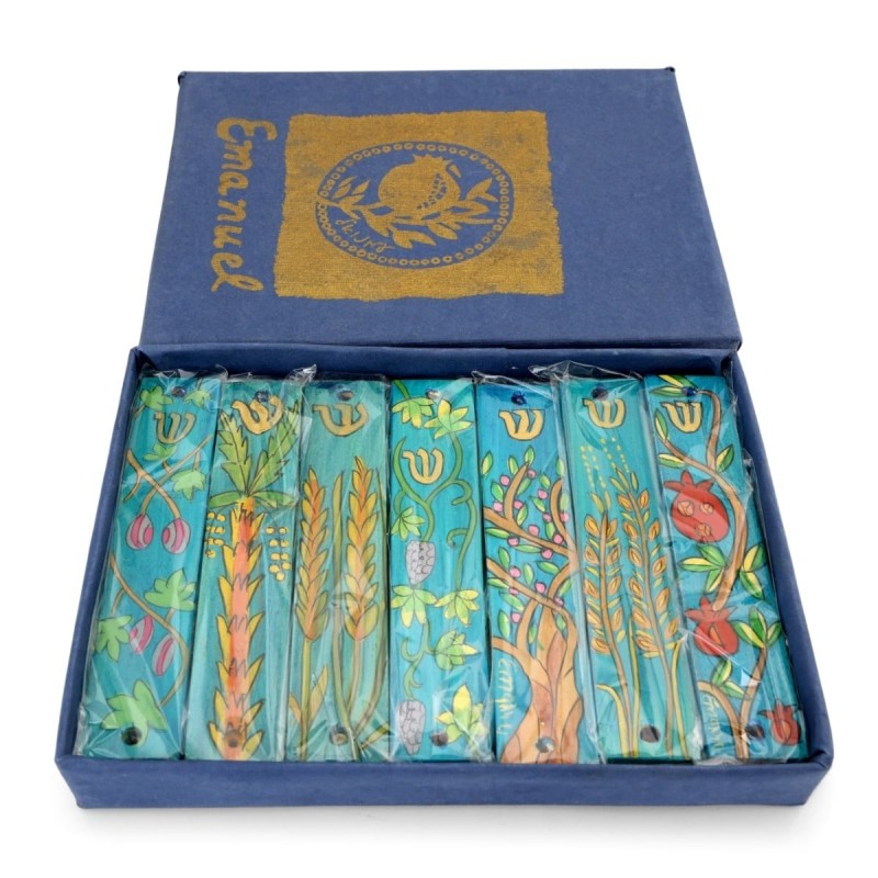 Seven Species: Yair Emanuel Set of Seven Wooden Mezuzahs