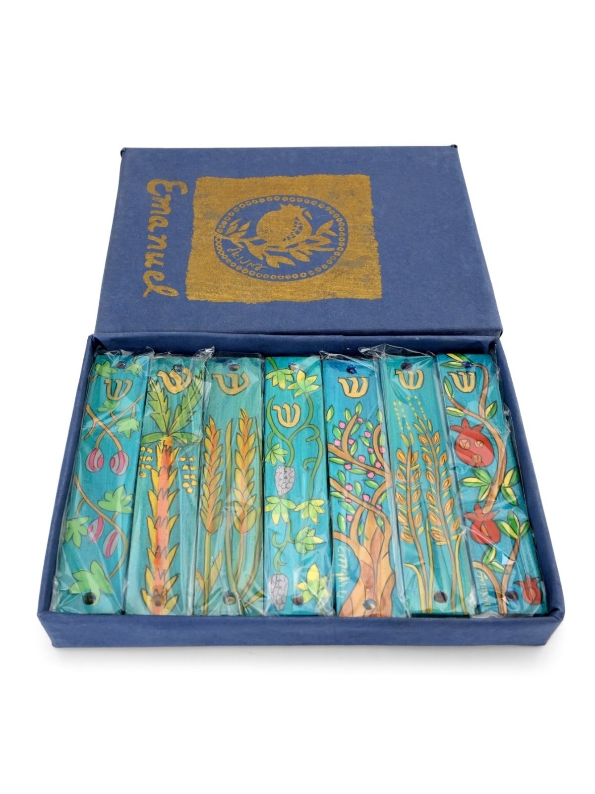 Seven Species: Yair Emanuel Set of Seven Wooden Mezuzahs