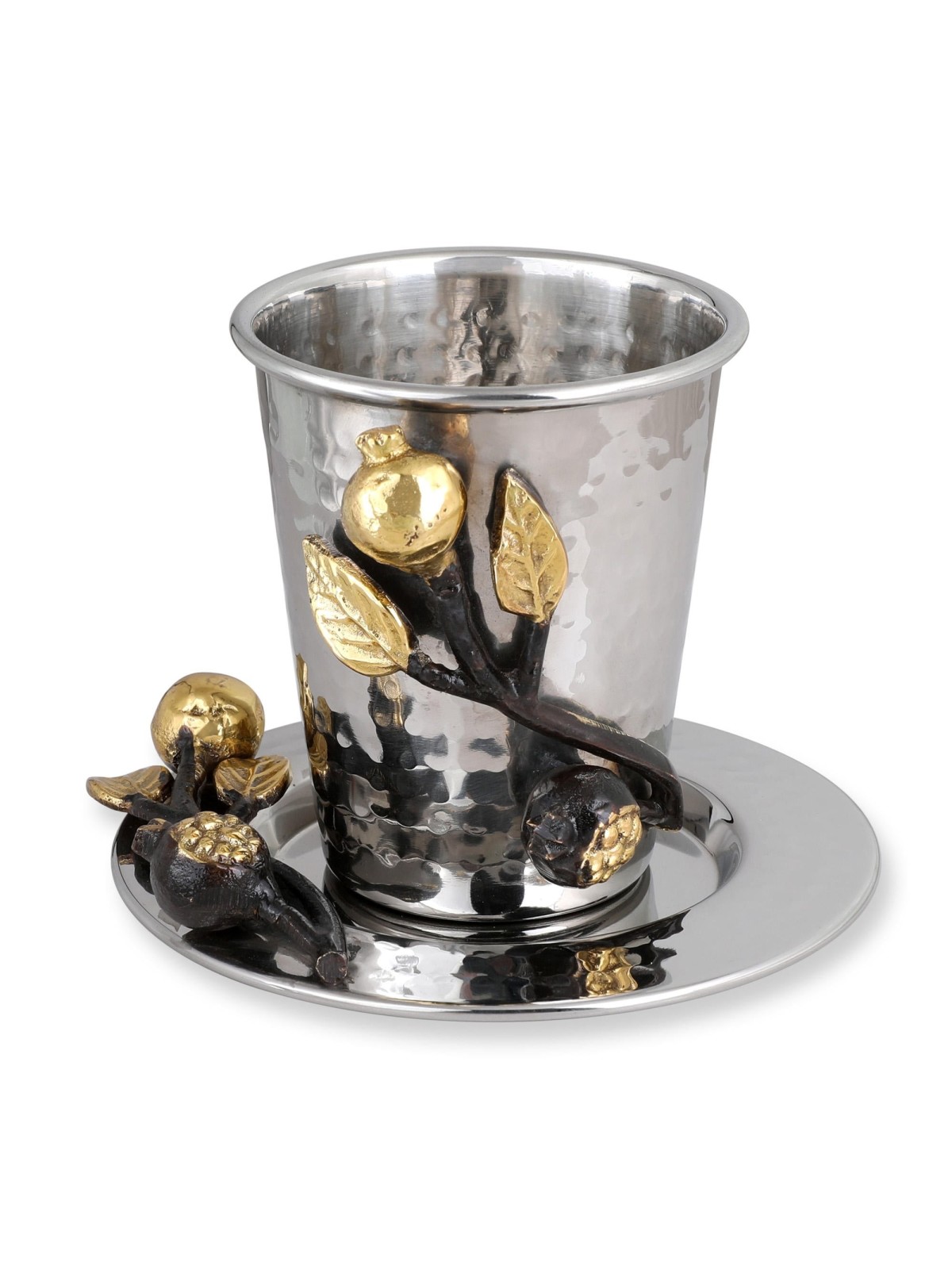 Yair Emanuel Stainless Steel Flat Pomegranate Kiddush Cup and Plate