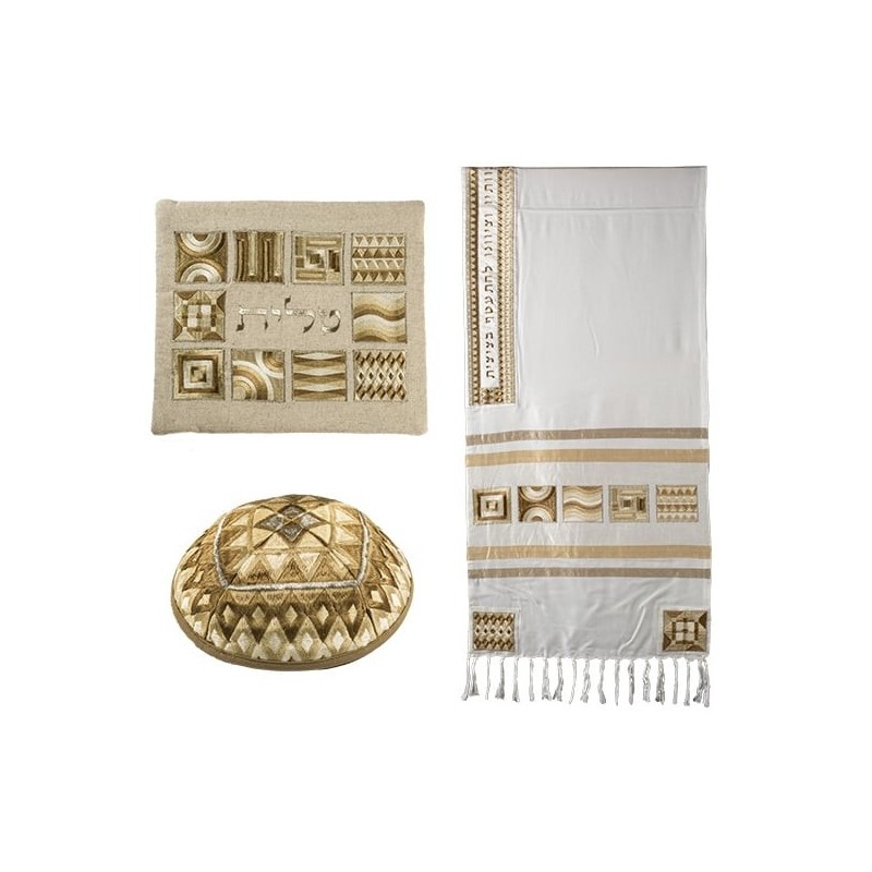 Yair Emanuel Embroidered Tallit Set With Square Patterns - Gold