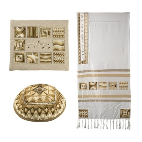 Yair Emanuel Embroidered Tallit Set With Square Patterns - Gold