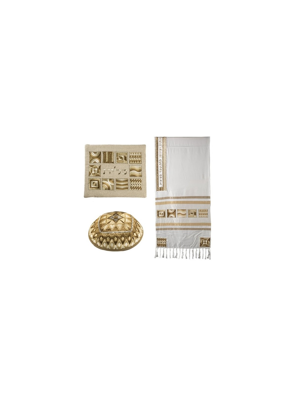 Yair Emanuel Embroidered Tallit Set With Square Patterns - Gold