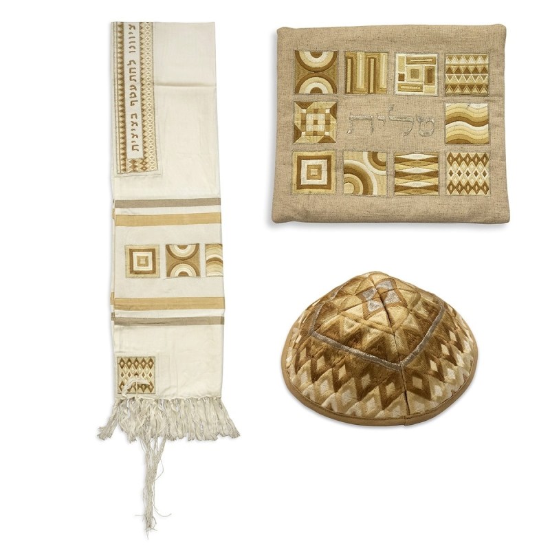 Yair Emanuel Embroidered Tallit Set With Square Patterns - Gold