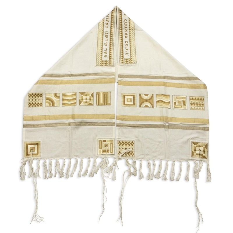 Yair Emanuel Embroidered Tallit Set With Square Patterns - Gold