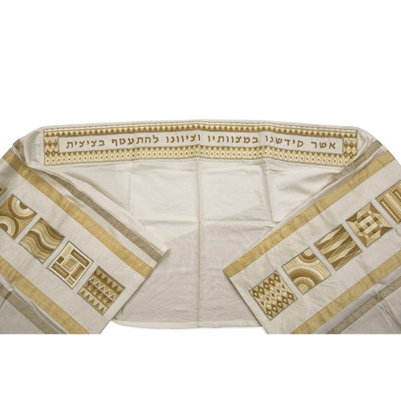 Yair Emanuel Embroidered Tallit Set With Square Patterns - Gold