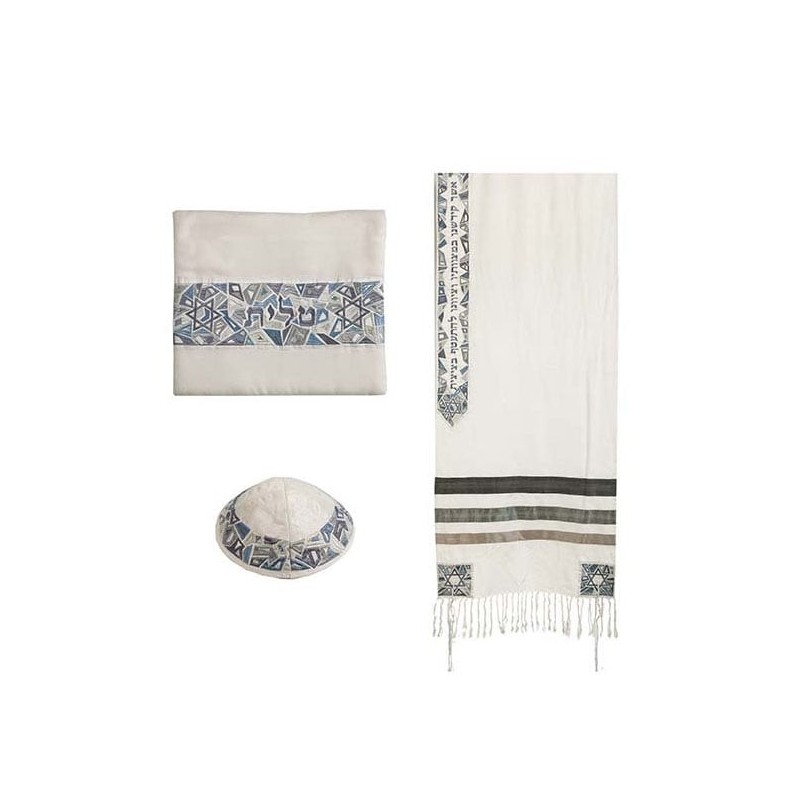Star of David: Yair Emanuel Embroidered Cotton Tallit Set (Gray)