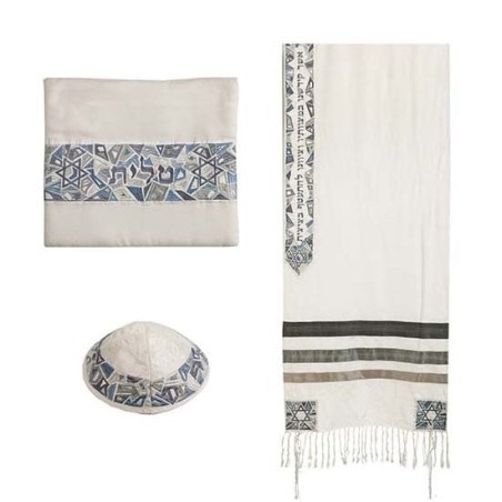 Star of David: Yair Emanuel Embroidered Cotton Tallit Set (Gray)