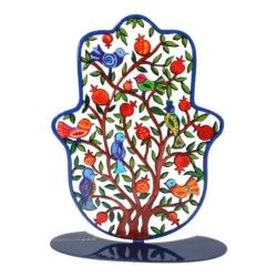 Yair Emanuel Tree of Life Standing Hamsa Sculpture with Birds and Pome