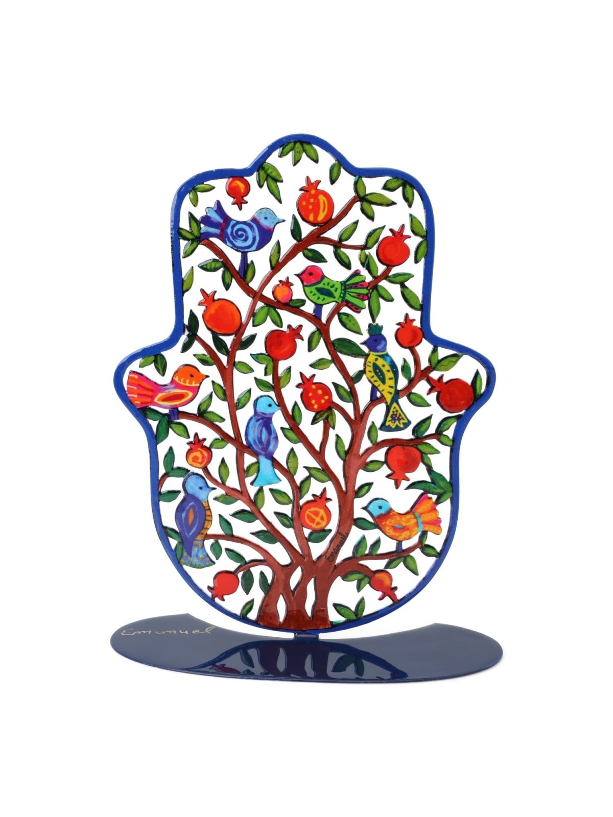 Yair Emanuel Tree of Life Standing Hamsa Sculpture with Birds and Pome
