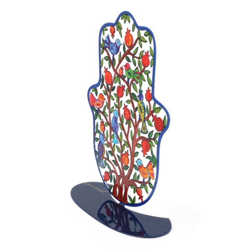 Yair Emanuel Tree of Life Standing Hamsa Sculpture with Birds and Pome