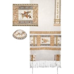 Yair Emanuel Full Embroidered Raw Silk Tallit with Pomegranates Design