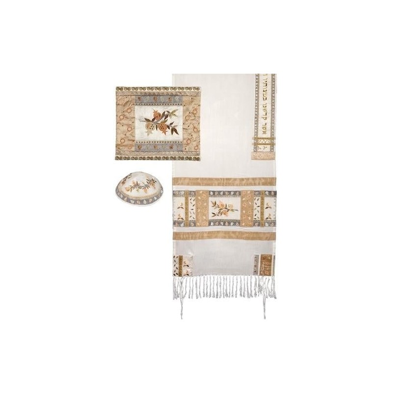 Yair Emanuel Full Embroidered Raw Silk Tallit with Pomegranates Design