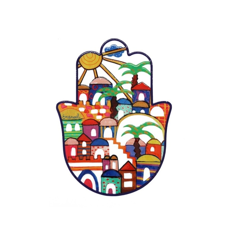 Yair Emanuel Hand Painted Hamsa Wall Hanging - Jerusalem