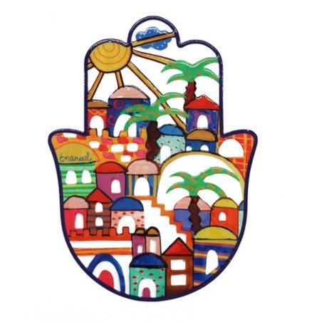 Yair Emanuel Hand Painted Hamsa Wall Hanging - Jerusalem