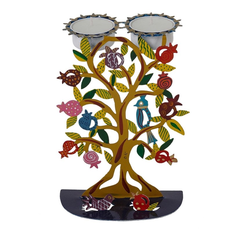 Yair Emanuel Hand Painted Shabbat Candlesticks - Pomegranate Tree