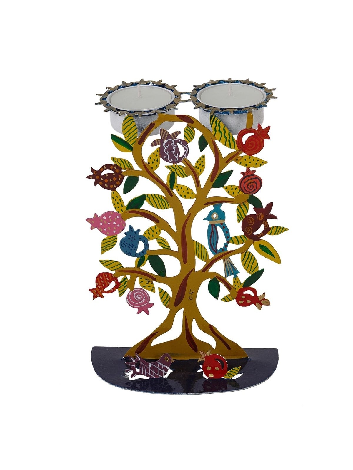Yair Emanuel Hand Painted Shabbat Candlesticks - Pomegranate Tree