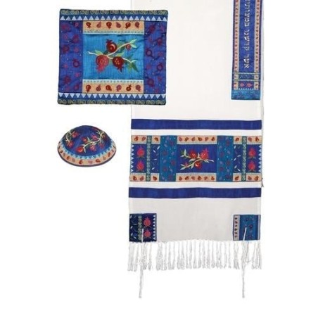 Yair Emanuel Full Embroidered Raw Silk Pomegranates Design Tallit (Pra