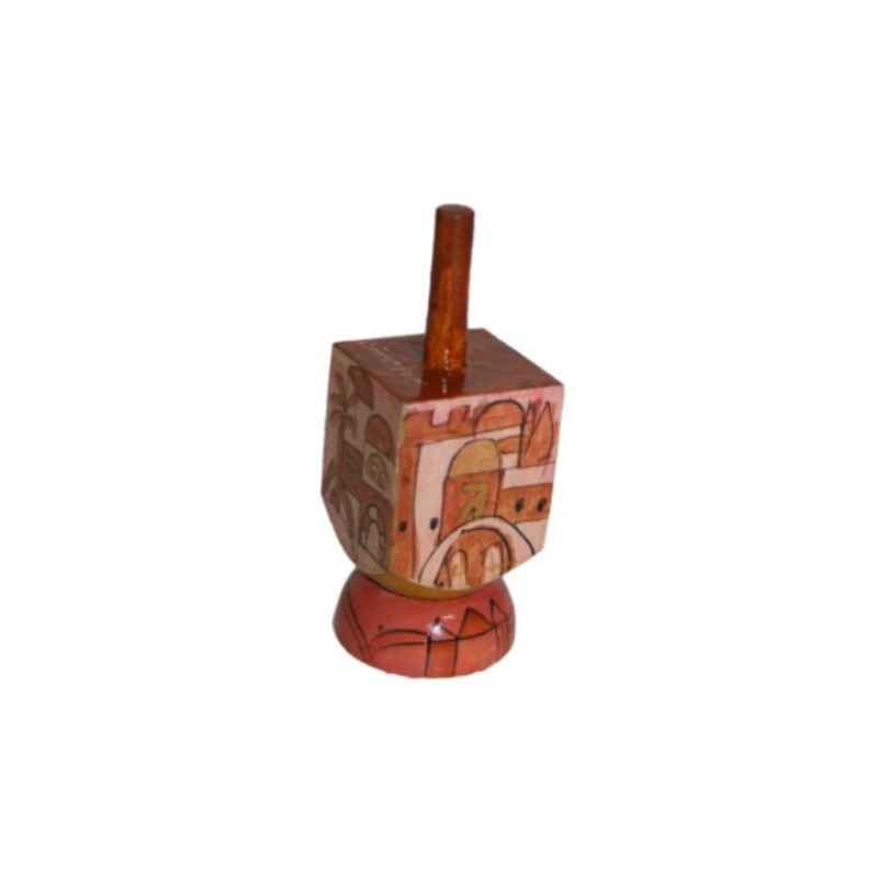 Yair Emanuel Small Wooden Dreidel with Stand - Jerusalem Pink