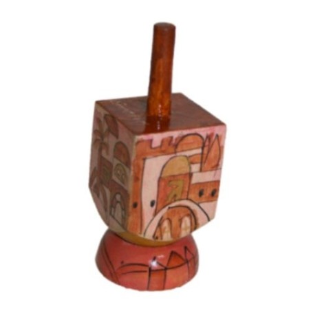 Yair Emanuel Small Wooden Dreidel with Stand - Jerusalem Pink
