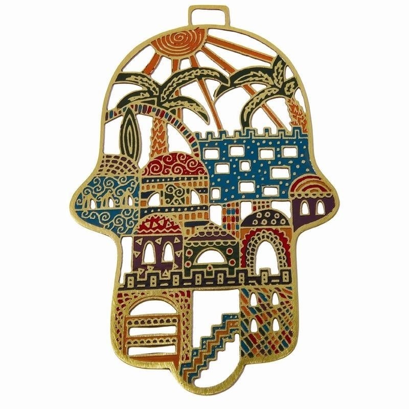Yair Emanuel Hand Painted Laser Cut Metal Hamsa - Jerusalem - Multicol