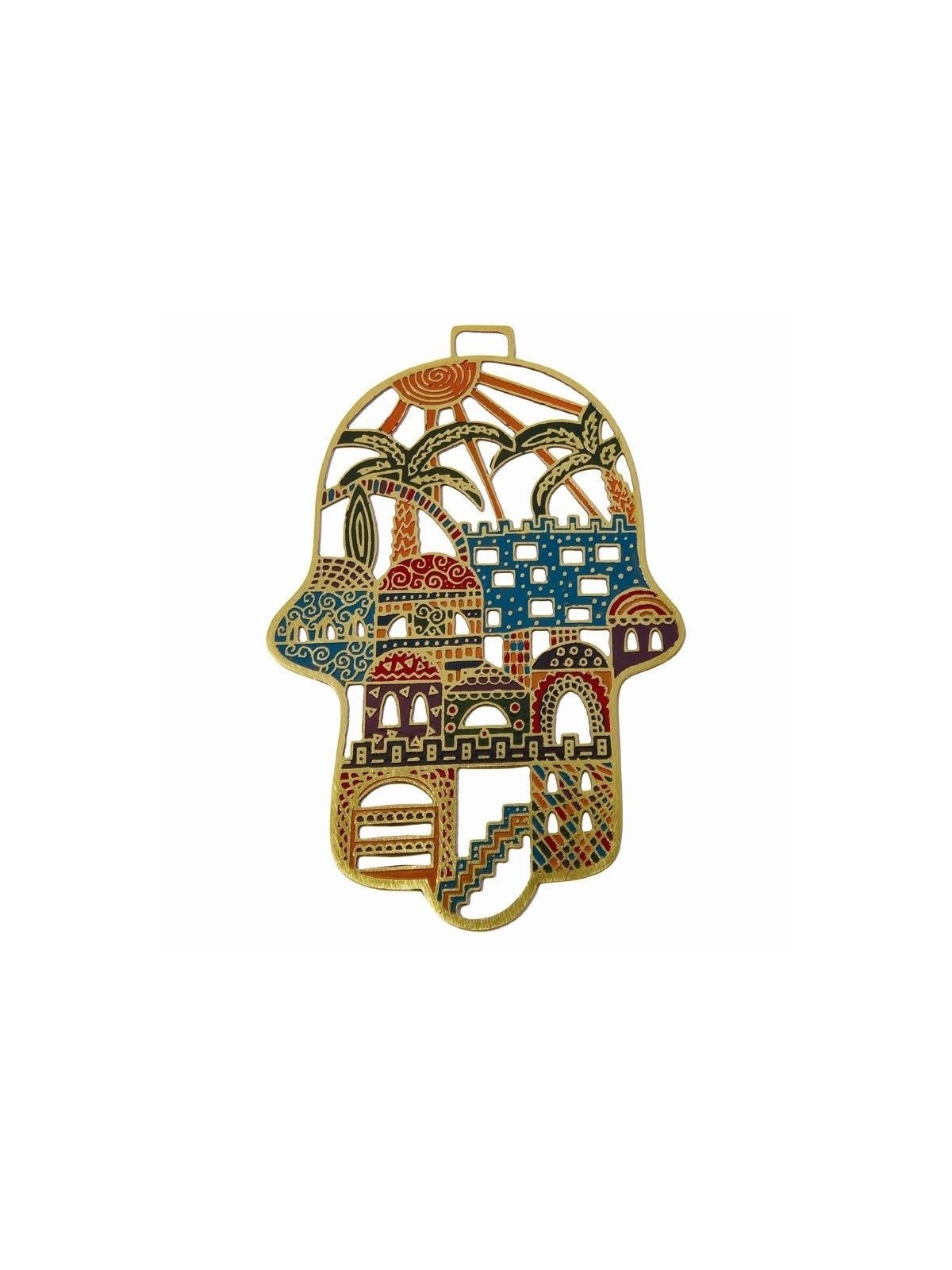 Yair Emanuel Hand Painted Laser Cut Metal Hamsa - Jerusalem - Multicol