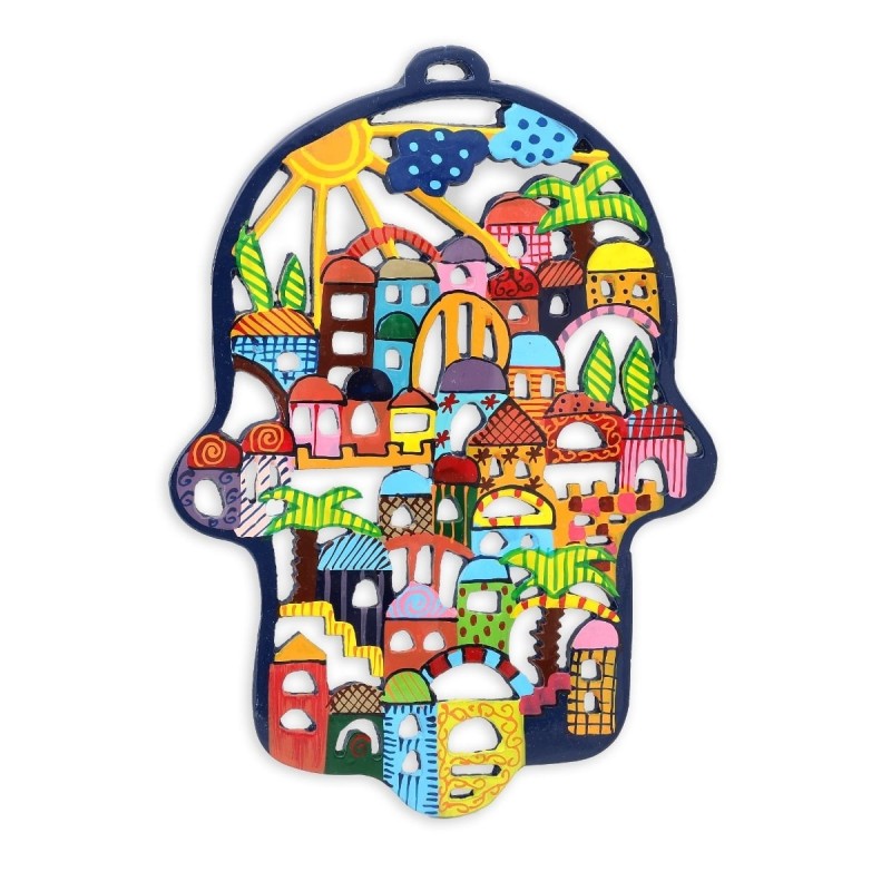 Yair Emanuel Hand Painted Laser Cut Hamsa - Jerusalem (Large)