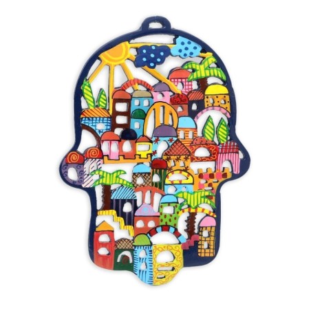 Yair Emanuel Hand Painted Laser Cut Hamsa - Jerusalem (Large)