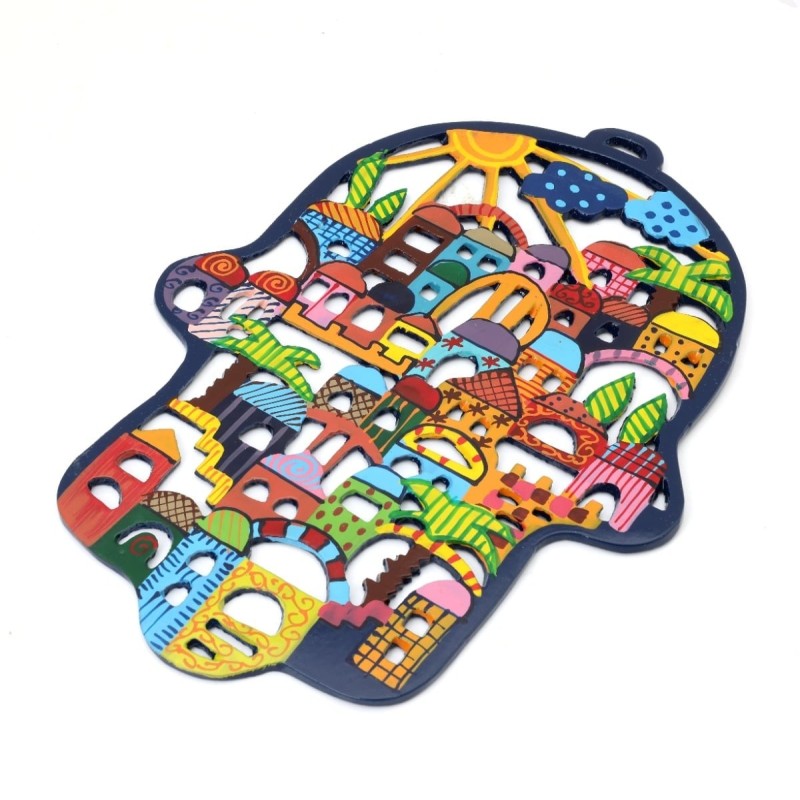 Yair Emanuel Hand Painted Laser Cut Hamsa - Jerusalem (Large)