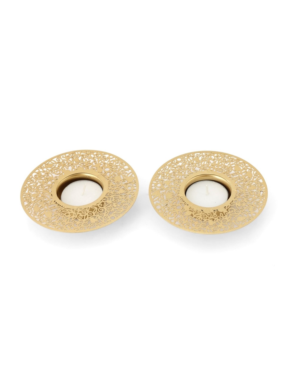 Disc Tea Light Holders with Pomegranate Metal Cutout Design by Yair Em