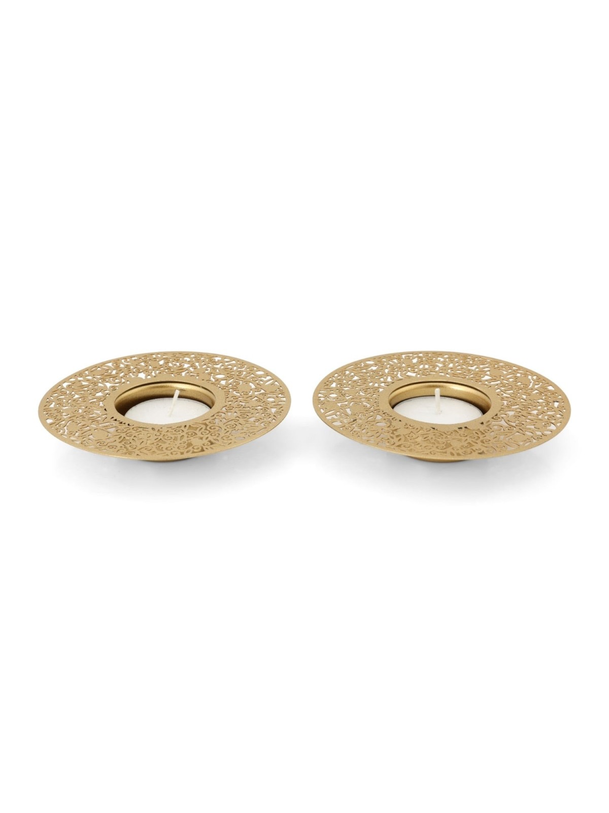 Disc Tea Light Holders with Pomegranate Metal Cutout Design by Yair Em