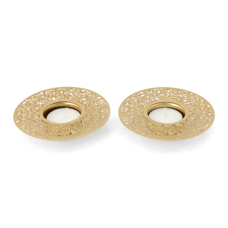 Disc Tea Light Holders with Pomegranate Metal Cutout Design by Yair Em