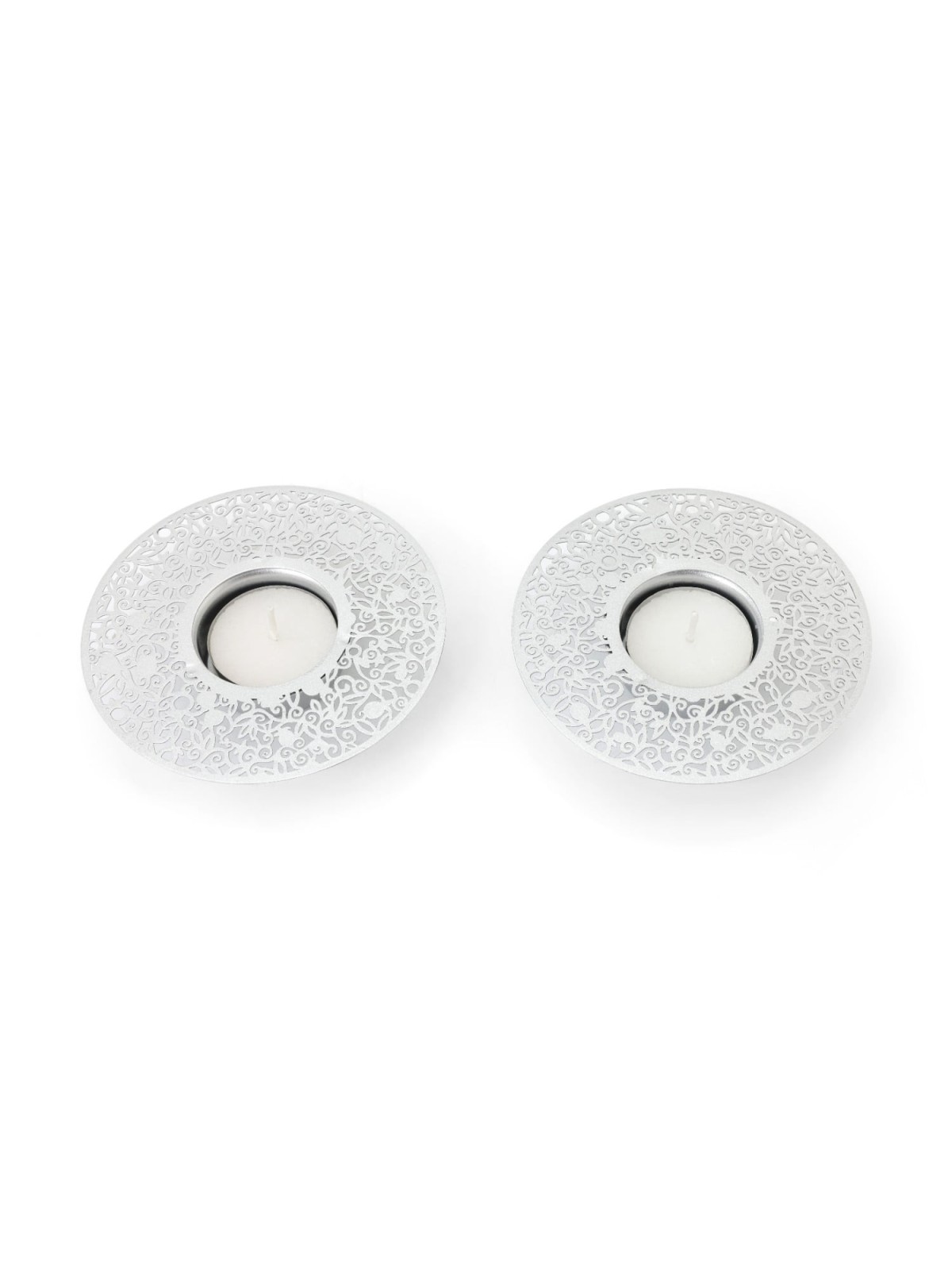 Disc Tea Light Holders with Pomegranate Metal Cutout Design by Yair Em
