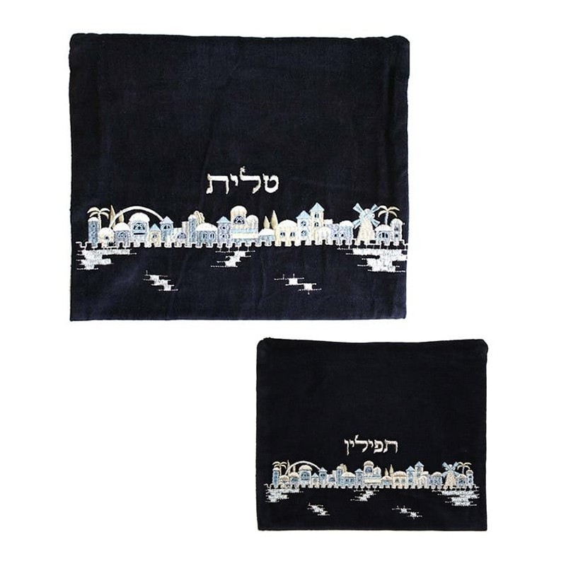 Yair Emanuel Velvet Embroidered Tallit and Tefillin Bag - Jerusalem in