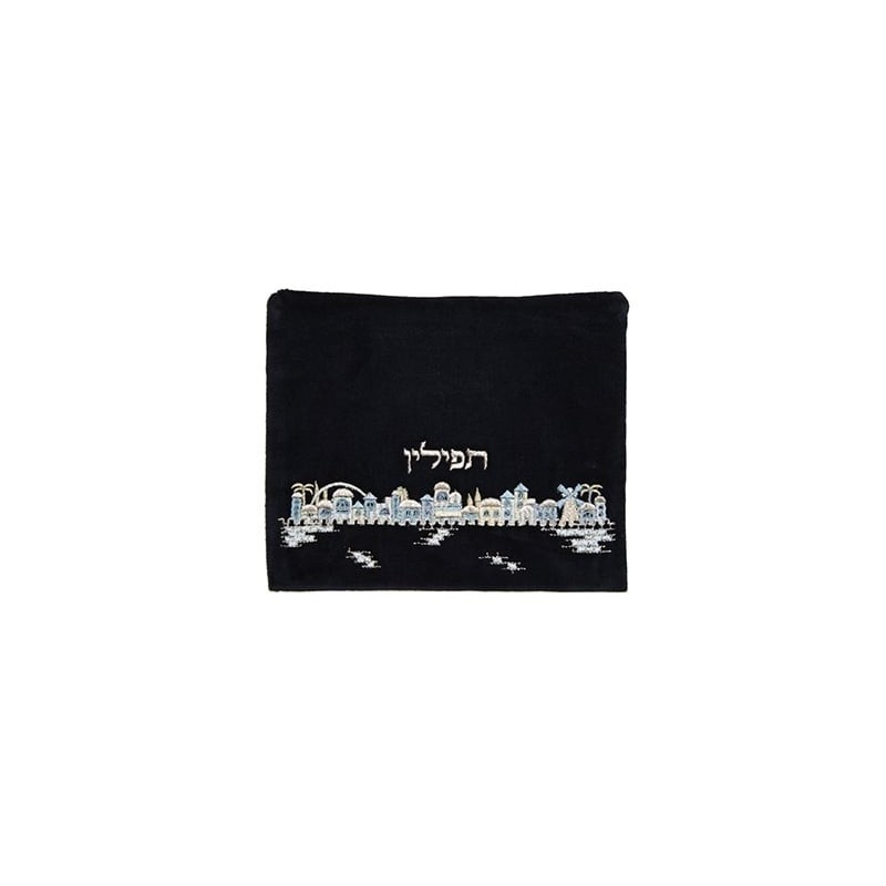 Yair Emanuel Velvet Embroidered Tallit and Tefillin Bag - Jerusalem in