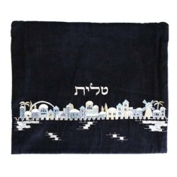 Yair Emanuel Velvet Embroidered Tallit and Tefillin Bag - Jerusalem in