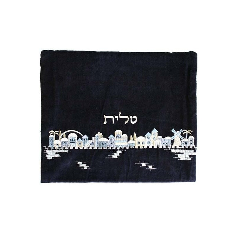 Yair Emanuel Velvet Embroidered Tallit and Tefillin Bag - Jerusalem in