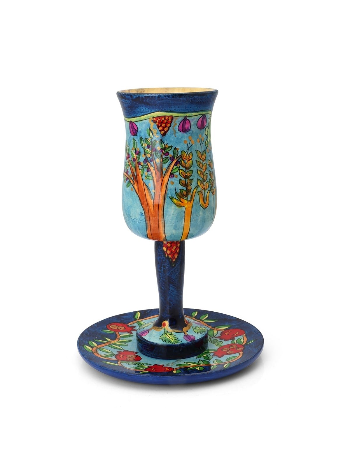 Yair Emanuel Large Stemmed Kiddush Cup and Saucer - Seven Species