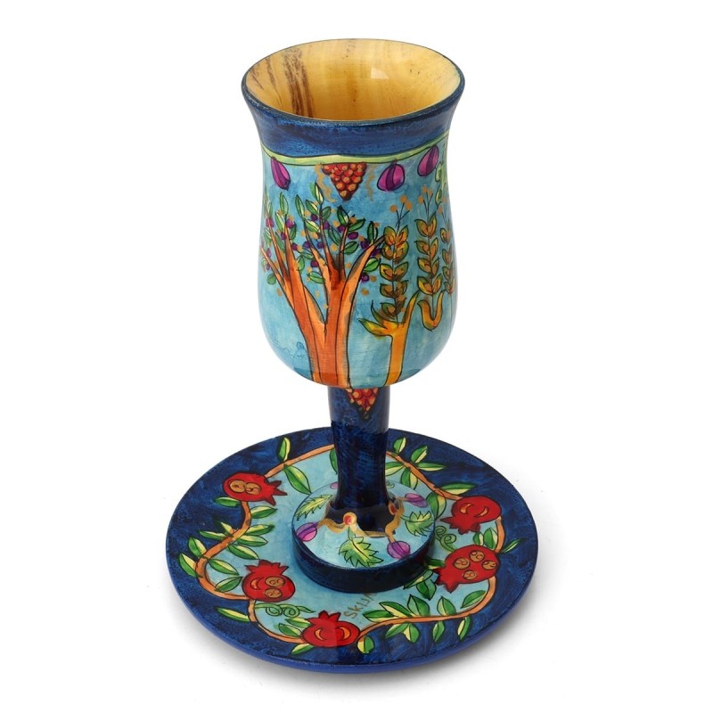 Yair Emanuel Large Stemmed Kiddush Cup and Saucer - Seven Species