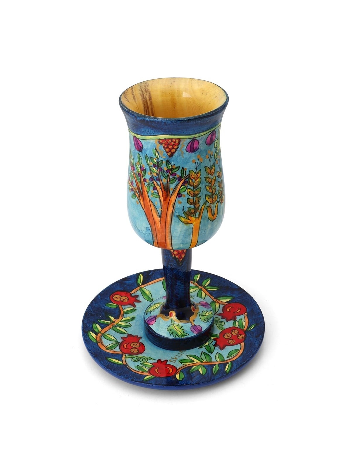 Yair Emanuel Large Stemmed Kiddush Cup and Saucer - Seven Species